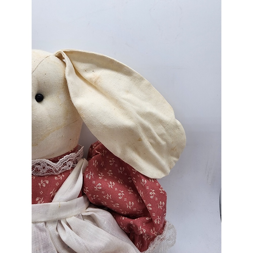 Vintage Handmade Primitive Rag Doll Bunny Rabbit Red Floral Dress Lace Trim 20in - Picture 3 of 9